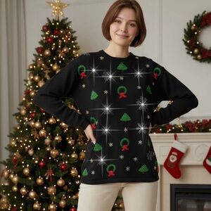 Blair Boutique Vtg Ugly Christmas Sweater Wreaths Trees Black Tunic Sz L